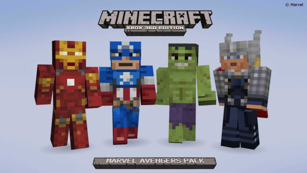 Personagens no minecraft: Homem de Ferro, Capitão América, Hulk.